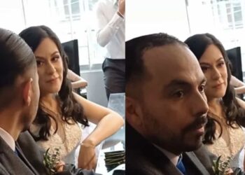 En redes sociales circuló un video en el que se observa a la novia arrepentirse de casarse con su novio, a quien hasta le tocó retirar los arreglos florales de la boda.