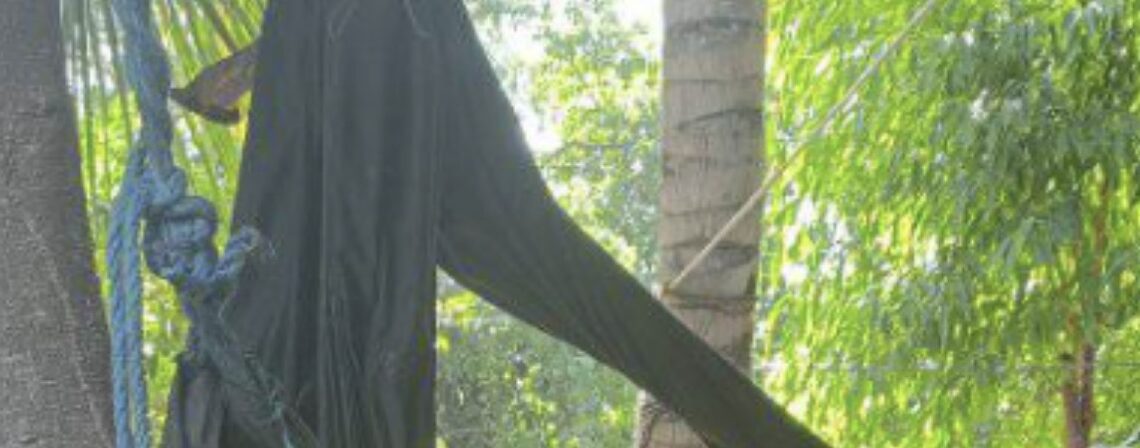 Mientras el niño esperaba que le despacharan las tortillas optó por jugar un rato en la hamaca