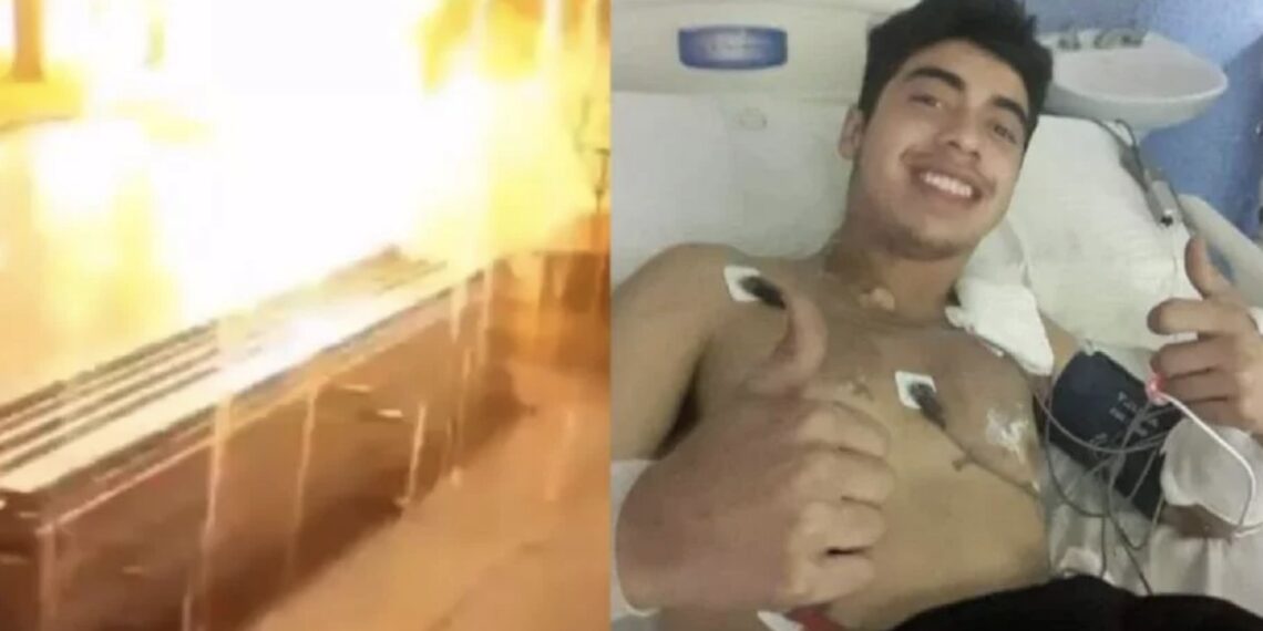 El relámpago golpeó al joven dejándolo tendido en el suelo.