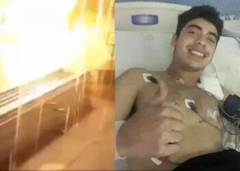 El relámpago golpeó al joven dejándolo tendido en el suelo.