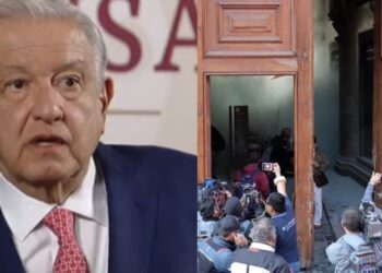 Ayer un grupo de normalistas tomó una camioneta de la CFE y derribó la puerta del complejo ubicado en el Centro Histórico de la Ciudad de México.