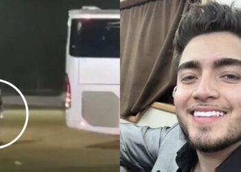 El nuevo integrante de la agrupación, Julio Haro fue captado corriendo detrás del autobús .