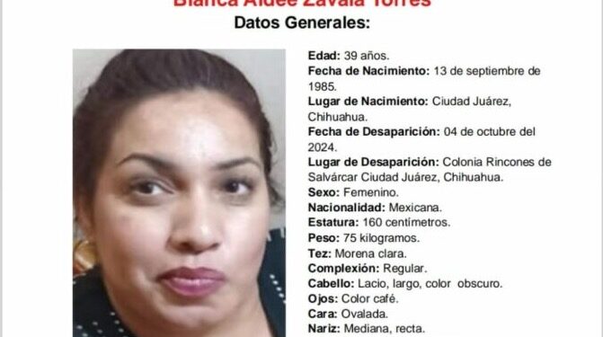 La mujer mide 1.60 metros de estatura, pesa 75 kilogramos, es de complexión regular y tez morena clara.