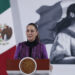 MEX3473. CIUDAD DE MÉXICO (MÉXICO), 20/02/2025.- La presidenta de México, Claudia Sheinbaum, habla durante una rueda de prensa este jueves, en el Palacio Nacional, en Ciudad de México (México). Sheinbaum anunció dos reformas a la Constitución contra la "intromisión" externa y para imponer la "pena más severa" a los extranjeros que intervengan en México después de que Estados Unidos declaró terroristas a seis carteles del narcotráfico. EFE/Isaac Esquivel