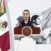 MEX7705. CIUDAD DE MÉXICO (MÉXICO), 27/03/2025 .- La presidenta de México, Claudia Sheinbaum, habla durante una rueda de prensa este jueves, en Palacio Nacional, en Ciudad de México (México). Sheinbaum negó que existan crímenes de lesa humanidad, como denuncian activistas y opositores, por el presunto rancho de adiestramiento del Cartel Jalisco Nueva Generación (CJNG) en Teuchitlán, en el occidental estado de Jalisco. EFE/ José Méndez