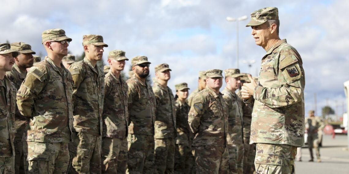 Army Gen. Daniel Hokanson, chief, National Guard Bureau, meets with Arkansas Guardsmen assigned to Task Force Bowie, 39th Infantry Brigade Combat Team, on rotation overseeing the training taking place with the Joint Multinational Training Group-Ukraine, Grafenwoehr, Germany, Oct. 21, 2023. (U.S. Army National Guard photo by Sgt. 1st Class Zach Sheely)
