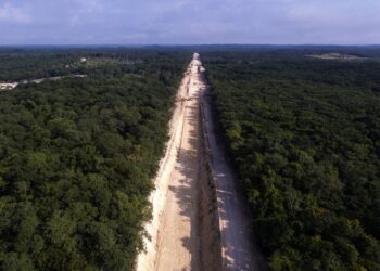 An aerial view  taken on November 29, 2021 shows the construction site of the Mayan Train in Escarcega, Campeche State, Mexico. - The Mayan Train, which will connect cities in the Yucatan Peninsula and is one of the emblematic projects of Mexican President Andres Manuel Lopez Obrador, faces resistance from indigenous communities. (Photo by Pedro PARDO / AFP)