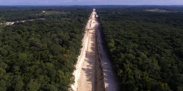 An aerial view taken on November 29, 2021 shows the construction site of the Mayan Train in Escarcega, Campeche State, Mexico. - The Mayan Train, which will connect cities in the Yucatan Peninsula and is one of the emblematic projects of Mexican President Andres Manuel Lopez Obrador, faces resistance from indigenous communities. (Photo by Pedro PARDO / AFP)