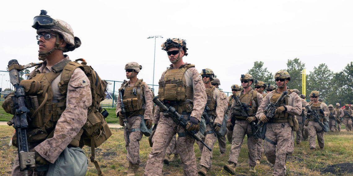 U.S. Marines with 2nd Battalion, 7th Marine Regiment, 1st Marine Division, who were placed in an alert status over the weekend to support U.S. Northern Command’s mission, gather for a formation in the greater Los Angeles area, June 10, 2025. Approximately 700 Marines from Marine Corps Air-Ground Combat Center Twentynine Palms, California, will seamlessly integrate with the Title 10 forces under Task Force 51 who are protecting federal personnel and federal property in the greater Los Angeles area. (U.S. Marine Corps photo by Staff Sgt. Godfrey Ampong)