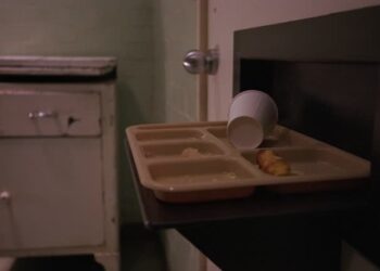 CLOSE ANGLE OF EMPTY TRAY WITH PAPER CUP PLACED ON SHELF IN PRISON CELL. WINDOW IN DOOR OPENS. HAND IN PLASTIC GLOVE REMOVES TRAY AND REPLACES WITH DINNER TRAY WITH TURKEY AND GRAVY, JELL-O, MASHED POTATOES, VEGETABLES, DINNER ROLL. JAIL FOOD.