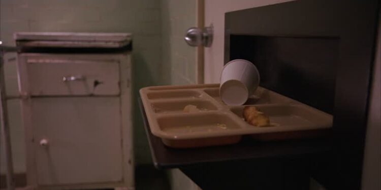 CLOSE ANGLE OF EMPTY TRAY WITH PAPER CUP PLACED ON SHELF IN PRISON CELL. WINDOW IN DOOR OPENS. HAND IN PLASTIC GLOVE REMOVES TRAY AND REPLACES WITH DINNER TRAY WITH TURKEY AND GRAVY, JELL-O, MASHED POTATOES, VEGETABLES, DINNER ROLL. JAIL FOOD.
