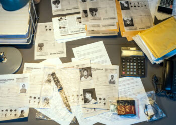 Part of workplace of contemporary fbi agent with criminal profiles, calculators, telephone, packets with clues and other stuff