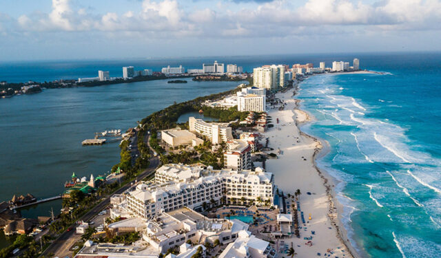 Aerial of the Zona Hotelera at Cancun.