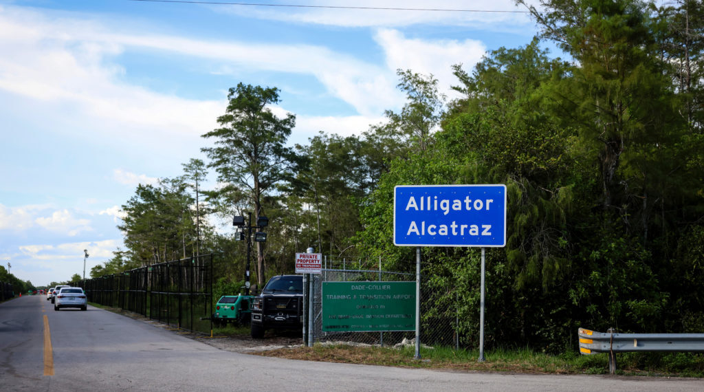 The entrance of "Alligator Alcatraz" ICE detention center in the Dade-Collier Training and Transition Airport in Ochopee, Florida, U.S. August 3, 2025. REUTERS/Eva Marie Uzcategui