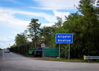 The entrance of "Alligator Alcatraz" ICE detention center in the Dade-Collier Training and Transition Airport in Ochopee, Florida, U.S. August 3, 2025. REUTERS/Eva Marie Uzcategui