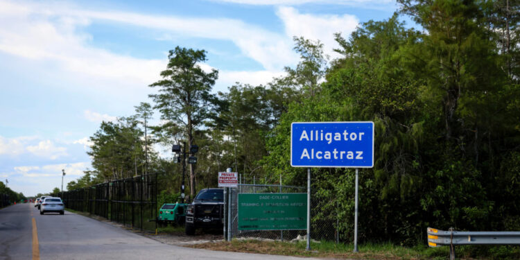 The entrance of "Alligator Alcatraz" ICE detention center in the Dade-Collier Training and Transition Airport in Ochopee, Florida, U.S. August 3, 2025. REUTERS/Eva Marie Uzcategui