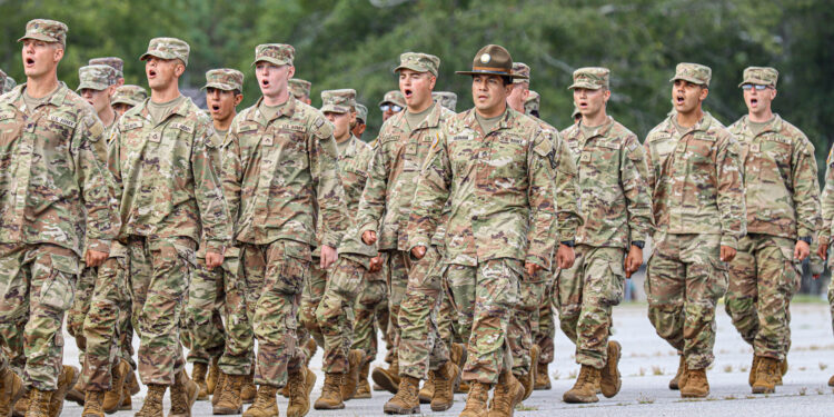 Soldiers from Bravo Company, 2-58th Infantry Battalion, 198th Infantry Brigade march onto Pomeroy Field during their Turning Green Ceremony on September 22, 2023. The Turning Green Ceremony marks the completion of the basic training portion of Infantry OSUT. Over the past 9 weeks, these individuals have earned the right to be called Soldiers. The training has been executed, the Army Values were ingrained, and they are now both physically and mentally fit.



(U.S. Army photo by Capt. Stephanie Snyder)