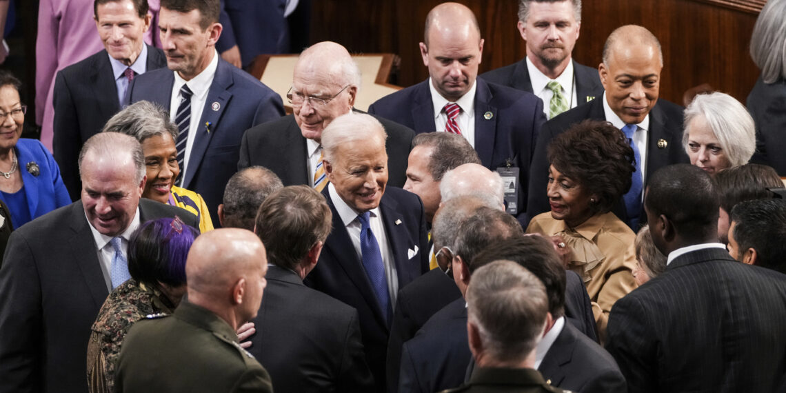 President Joe Biden departs after delivering his first State of the Union address to a joint session of Congress at the Capitol, Tuesday, March 1, 2022, in Washington. (Sarahbeth Maney/The New York Times via AP, Pool)