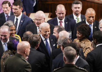 President Joe Biden departs after delivering his first State of the Union address to a joint session of Congress at the Capitol, Tuesday, March 1, 2022, in Washington. (Sarahbeth Maney/The New York Times via AP, Pool)