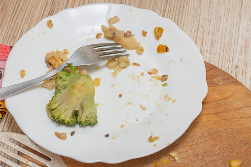 Plate with food leftovers, dirty dishes, close-up