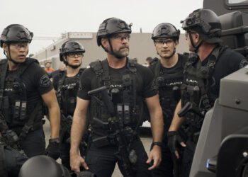 "Inheritance" -- The SWAT team hunts for a band of criminals re-enacting the crimes of the infamous Symbionese Liberation Army whose decades-old offenses made local and national news. Seeking expertise on the original crime spree in the 1970s, Luca and his father, Carl Luca (Michael O'Neill), review the files of Luca's late grandfather who worked for SWAT during the era of the original crimes. Also, Hondo experiences discrimination from a fellow officer during a SWAT training seminar for local law enforcement in Arizona, on S.W.A.T., Thursday, Nov. 8 (10:00-11:00 PM, ET/PT) on the CBS Television Network. Pictured L to R: David Lim as Victor Tan, Lina Esco as Christina "Chris" Alonso, Jay Harrington as David "Deacon" Kay, Alex Russell as Jim Street and Kenny Johnson as Dominique Luca. Photo: Screengrab/CBS ÃÂ©2018 CBS Broadcasting, Inc. All Rights Reserved