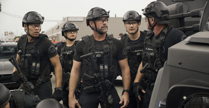 "Inheritance" -- The SWAT team hunts for a band of criminals re-enacting the crimes of the infamous Symbionese Liberation Army whose decades-old offenses made local and national news. Seeking expertise on the original crime spree in the 1970s, Luca and his father, Carl Luca (Michael O'Neill), review the files of Luca's late grandfather who worked for SWAT during the era of the original crimes. Also, Hondo experiences discrimination from a fellow officer during a SWAT training seminar for local law enforcement in Arizona, on S.W.A.T., Thursday, Nov. 8 (10:00-11:00 PM, ET/PT) on the CBS Television Network. Pictured L to R: David Lim as Victor Tan, Lina Esco as Christina "Chris" Alonso, Jay Harrington as David "Deacon" Kay, Alex Russell as Jim Street and Kenny Johnson as Dominique Luca. Photo: Screengrab/CBS ÃÂ©2018 CBS Broadcasting, Inc. All Rights Reserved