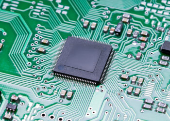 Close up microchip of a printed circuit board