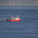 A cutter with lifted drag nets on the North sea with wind turbines in the background