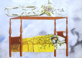 A painting by Frida Kahlo called El sueño (La cama) is displayed at Sotheby's auction rooms, the painting estimated at 40-60 million US dollars is part of a collection of surrealist masterpieces unveiled in London ahead of their sale in New York, Friday, Sept. 19, 2025. (AP Photo/Kirsty Wigglesworth)