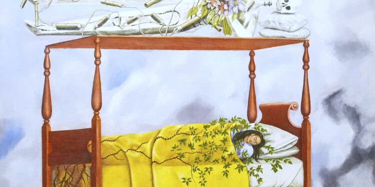 A painting by Frida Kahlo called El sueño (La cama) is displayed at Sotheby's auction rooms, the painting estimated at 40-60 million US dollars is part of a collection of surrealist masterpieces unveiled in London ahead of their sale in New York, Friday, Sept. 19, 2025. (AP Photo/Kirsty Wigglesworth)