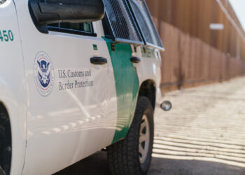 A U.S. Customs and Border Protection vehicle near the U.S. and Mexico border in Calexico on Feb. 25, 2025. Photo by Kevin Clancy, CalMatters and Evident Media