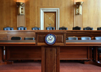 Washington, DC, USA - July 18, 2017: A United States Senate committee hearing room. The United States Senate is the upper chamber of the United States Congress.