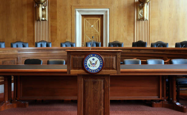 Washington, DC, USA - July 18, 2017: A United States Senate committee hearing room. The United States Senate is the upper chamber of the United States Congress.