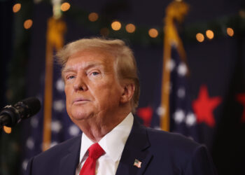WATERLOO, IOWA - DECEMBER 19: Republican presidential candidate and former U.S. President Donald Trump looks on during a campaign event on December 19, 2023 in Waterloo, Iowa. Iowa Republicans will be the first to select their party's nomination for the 2024 presidential race, when they go to caucus on January 15, 2024. (Photo by Scott Olson/Getty Images)