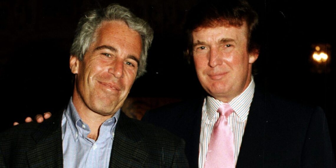 Portrait of American financier Jeffrey Epstein (left) and real estate developer Donald Trump as they pose together at the Mar-a-Lago estate, Palm Beach, Florida, 1997. (Photo by Davidoff Studios/Getty Images)