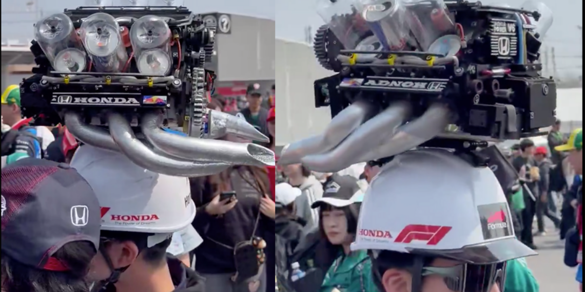 Aficionado sorprende en el GP de Japón con sombrero que simula un motor en movimiento