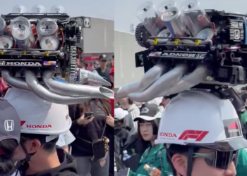 Aficionado sorprende en el GP de Japón con sombrero que simula un motor en movimiento