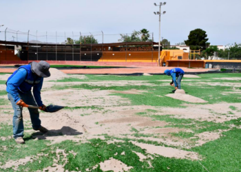 Instalan pasto sintético en campo de beisbol Villahermosa; obra presenta 50% de avance