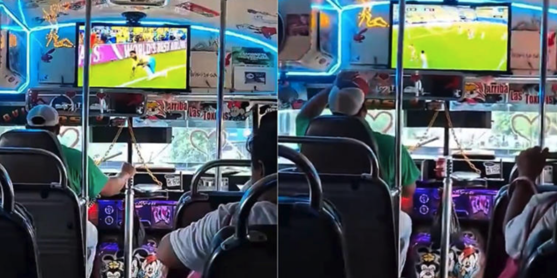 Chofer convierte su autobús en una sala para seguir la Fiesta Futbolera