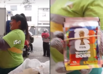 Halla 25 sobres del álbum del torneo internacional entre cartón reciclado y decide regalárselos a su hijo
