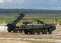 Soviet MLRS Smertch (9A52-2) in background and transporter-loader 9T234-2 with 12 rockets demonstrated at ARMY'2016 International military technical forum, Alabino range, Russia