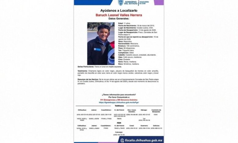 Ficha de búsqueda de Baruch Leonel Valles Herrera, niño de 11 años desaparecido en Ciudad Juárez