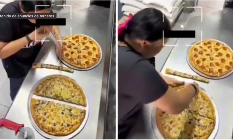 Empleada retira una parte de la pizza antes de entregarla y el video se vuelve viral