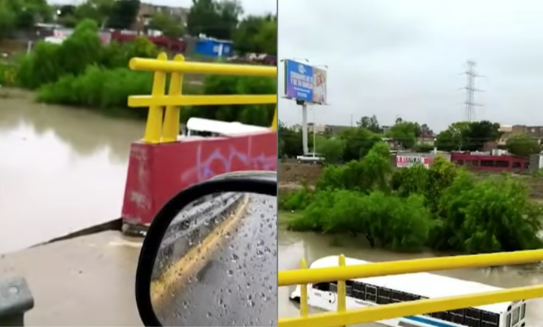 Camión de transporte queda atrapado en paso a desnivel inundado en Ciudad Juárez