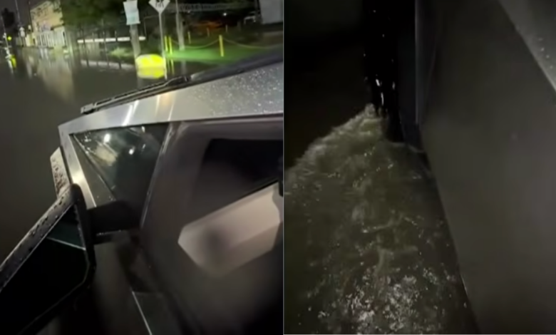 Juarense desafía calles inundadas de la ciudad a bordo de una Cybertruck