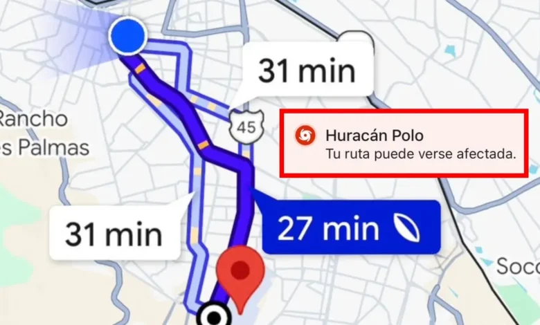 Alerta meteorológica de Google Maps para rutas de Ciudad Juárez por el huracán Polo