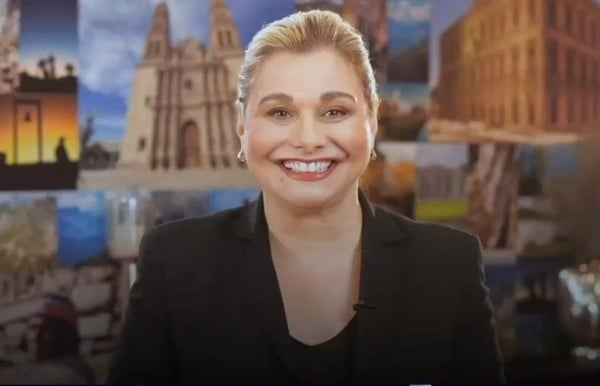 La gobernadora de Chihuahua, María Eugenia Campos Galván, durante un mensaje en video