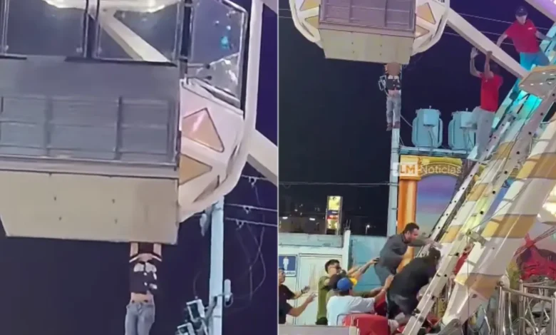 Menor colgando de una rueda de la fortuna en una feria de Torreón