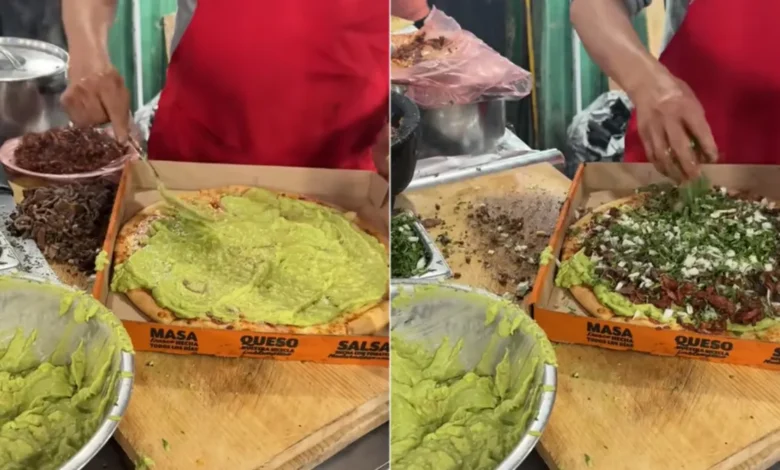 Pizza de Little Caesars cubierta con bistec, carne al pastor, cilantro, cebolla y guacamole