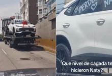 Camioneta pickup con moño rojo y mensajes de Perdóname Naty transportada en una grúa en Guatemala